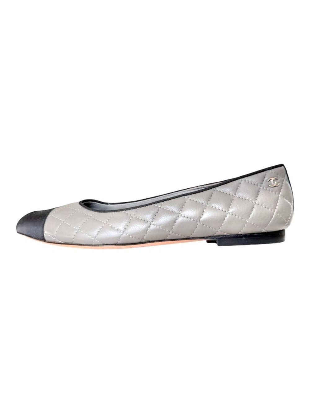 Chanel CC Quilted Cap Toe Ballet Flats Gray Black Leather EU 36.5 US 5.5-6 - Picture 7 of 13